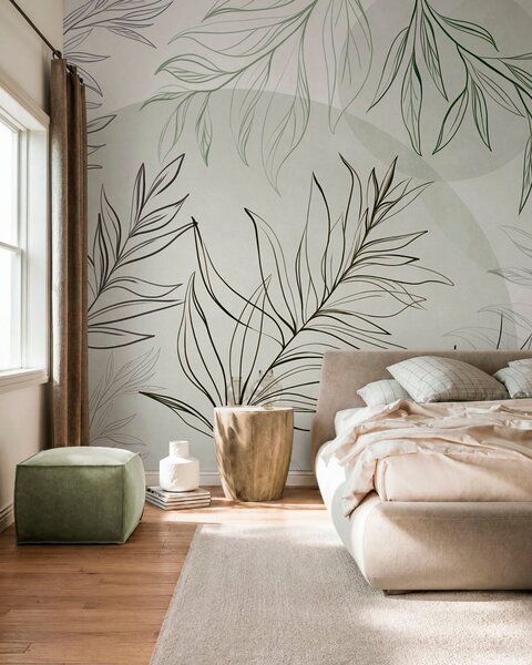 Tapet Desene minimaliste în stil line art reprezentând frunze și vegetație tropicală, forme circulare, Imagini de fundal unice, w10111v2 : Uwalls.ro