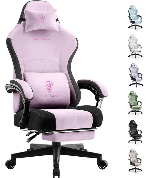 DOWINX 6650F - Scaun Gaming Ergonomic, Masaj in perna lombara, Șezut cu Arcuri Metalice și Spumă, Suport pentru picioare, Rabatabil 90°–135°, Rezistent 136 kg, Material textil, Roz