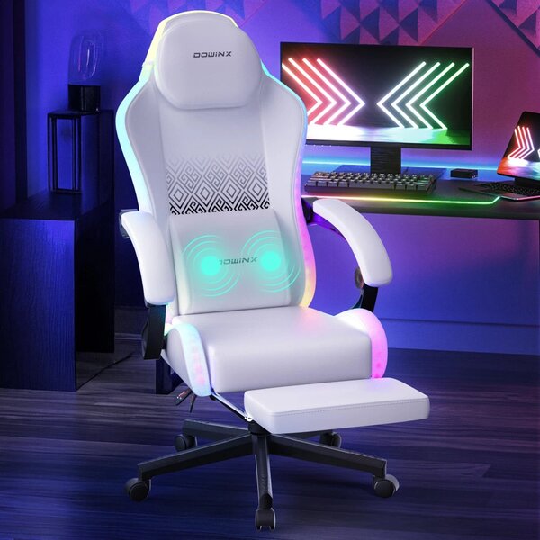 DOWINX 66LED03 - Scaun Gaming Ergonomic cu LED-uri RGB, Masaj in perna lombara, Șezut cu Arcuri Metalice și Spumă, Suport pentru picioare, Rabatabil 90°–135°, Rezistent 136 kg, Alb