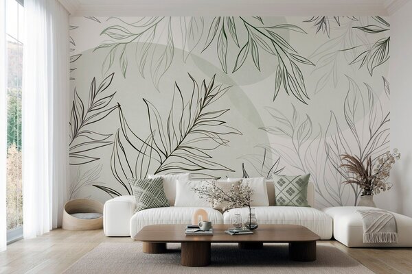 Tapet Desene minimaliste în stil line art reprezentând frunze și vegetație tropicală, forme circulare, Imagini de fundal unice, w10111v2 : Uwalls.ro