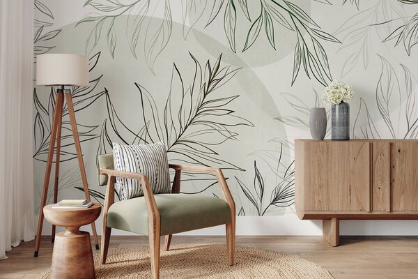 Tapet Desene minimaliste în stil line art reprezentând frunze și vegetație tropicală, forme circulare, Imagini de fundal unice, w10111v2 : Uwalls.ro