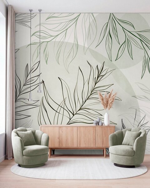 Tapet Desene minimaliste în stil line art reprezentând frunze și vegetație tropicală, forme circulare, Imagini de fundal unice, w10111v2 : Uwalls.ro