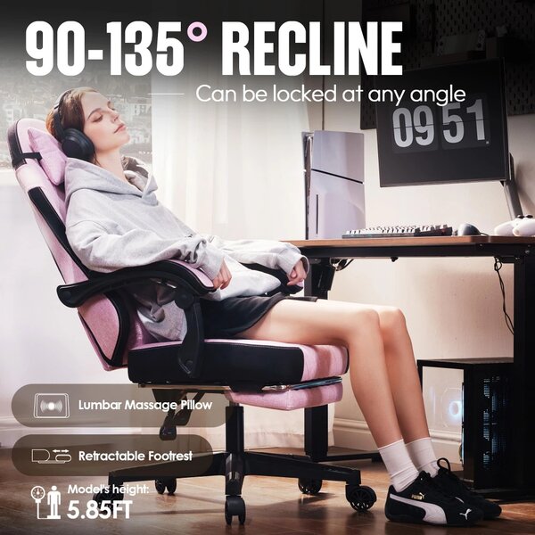 DOWINX 6650F - Scaun Gaming Ergonomic, Masaj in perna lombara, Șezut cu Arcuri Metalice și Spumă, Suport pentru picioare, Rabatabil 90°–135°, Rezistent 136 kg, Material textil, Roz