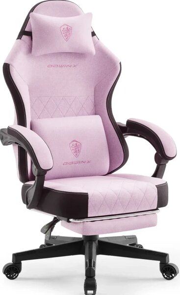 DOWINX 6650F - Scaun Gaming Ergonomic, Masaj in perna lombara, Șezut cu Arcuri Metalice și Spumă, Suport pentru picioare, Rabatabil 90°–135°, Rezistent 136 kg, Material textil, Roz