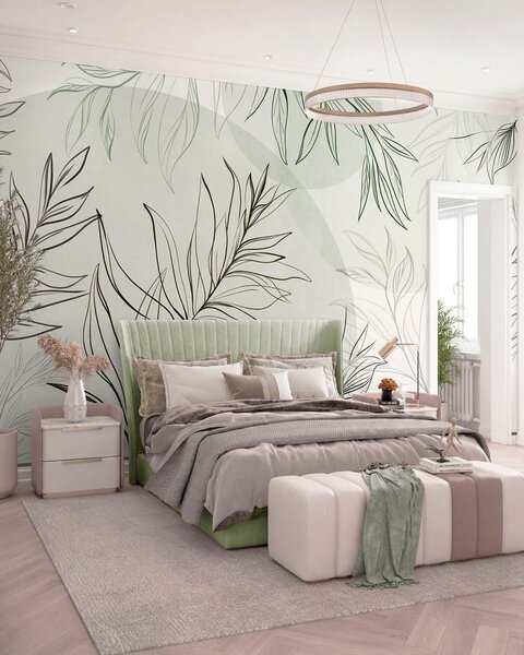 Tapet Desene minimaliste în stil line art reprezentând frunze și vegetație tropicală, forme circulare, Imagini de fundal unice, w10111v2 : Uwalls.ro