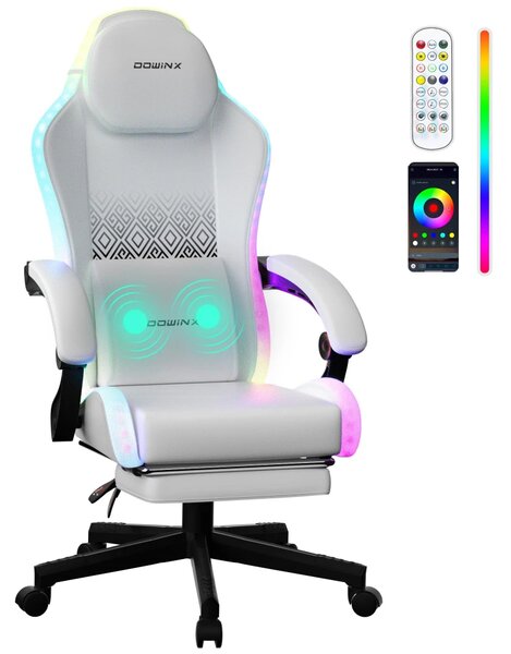 DOWINX 66LED03 - Scaun Gaming Ergonomic cu LED-uri RGB, Masaj in perna lombara, Șezut cu Arcuri Metalice și Spumă, Suport pentru picioare, Rabatabil 90°–135°, Rezistent 136 kg, Alb
