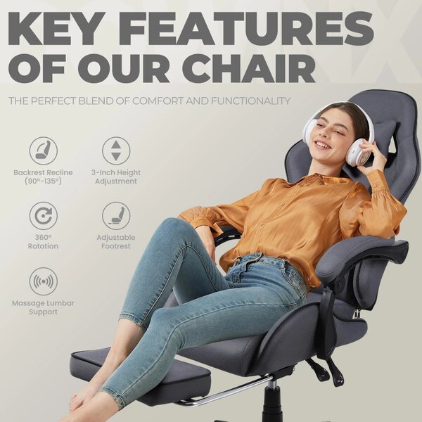 DOWINX 6658 - Scaun Gaming Ergonomic, Masaj in perna lombara, Șezut cu Arcuri Metalice și Spumă, Suport pentru picioare, Rabatabil 90°–135°, Rezistent 130 kg, Material textil, Gri