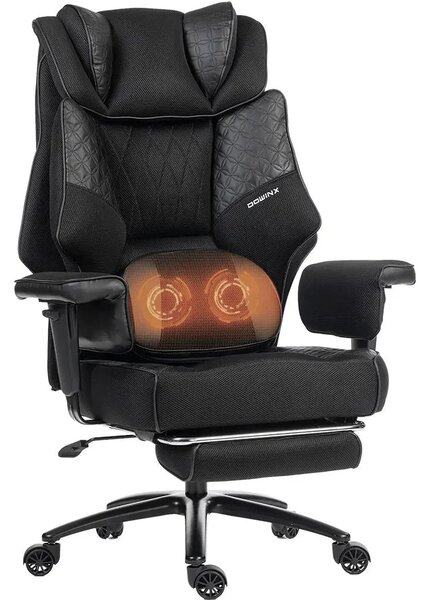DOWINX 66B3 – Scaun directorial XXL, Extra-Lat și Construcție Heavy-Duty, Masaj Lombara Dublu, cotiere reglabile, suport pentru picioare, Rezistent 180 kg, plasă respirabilă+PU, Negru