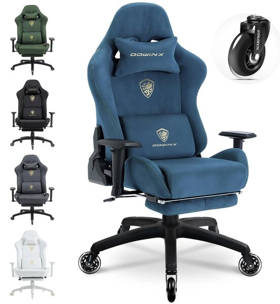 DOWINX 68A - Scaun Gaming Ergonomic, Extra-Lat și Construcție Heavy-Duty, Masaj in perna lombara, Material Textil respirabil, Suport picioare, Roti Silicon, Rezistent 150 kg, Albastru
