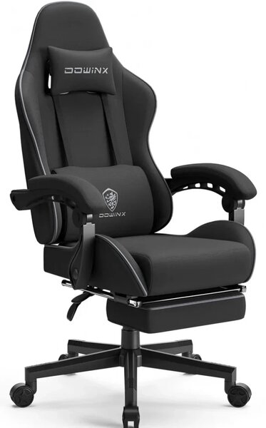 DOWINX 6658 - Scaun Gaming Ergonomic, Masaj in perna lombara, Șezut cu Arcuri Metalice și Spumă, Suport pentru picioare, Rabatabil 90°–135°, Rezistent 130 kg, Material textil, Negru