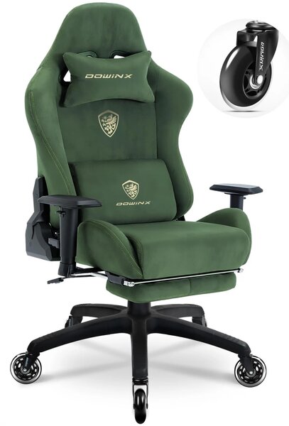 DOWINX 68A - Scaun Gaming Ergonomic, Extra-Lat și Construcție Heavy-Duty, Masaj in perna lombara, Material Textil respirabil, Suport picioare, Roti Silicon, Rezistent 150 kg, Verde