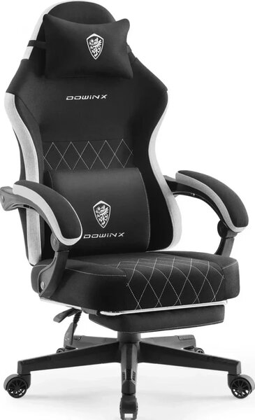 DOWINX 6650F - Scaun Gaming Ergonomic, Masaj in perna lombara, Șezut cu Arcuri Metalice și Spumă, Suport pentru picioare, Rabatabil 90°–135°, Rezistent 136 kg, Material textil, Negru