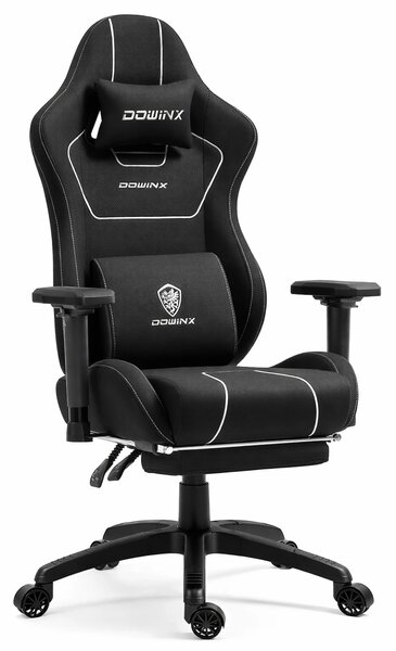 DOWINX 6657B - Scaun Gaming Ergonomic, Masaj in perna lombara, Șezut cu Arcuri Metalice și Spumă, Cotiere 4D, Suport pentru picioare, Rabatabil, Rezistent 136 kg, Material textil, Negru