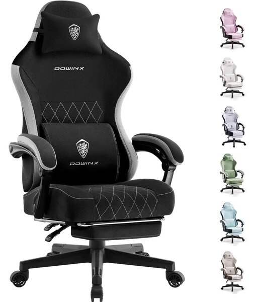 DOWINX 6650F - Scaun Gaming Ergonomic, Masaj in perna lombara, Șezut cu Arcuri Metalice și Spumă, Suport pentru picioare, Rabatabil 90°–135°, Rezistent 136 kg, Material textil, Negru