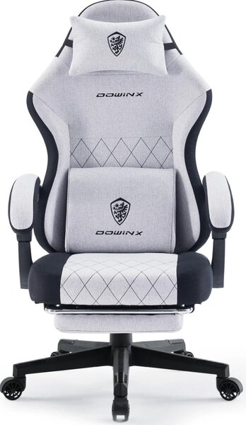 DOWINX 6650F - Scaun Gaming Ergonomic, Masaj in perna lombara, Șezut cu Arcuri Metalice și Spumă, Suport pentru picioare, Rabatabil 90°–135°, Rezistent 136 kg, Material textil, Gri