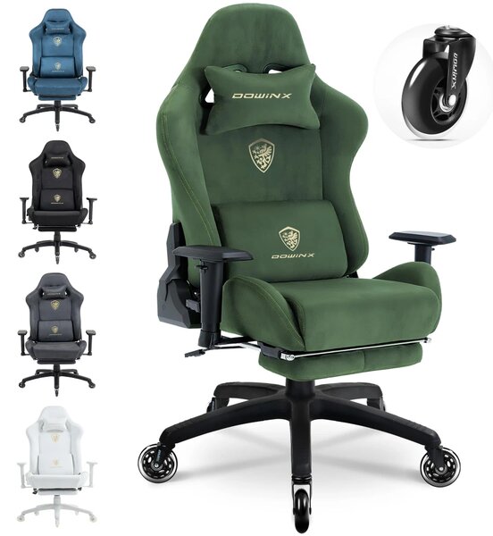 DOWINX 68A - Scaun Gaming Ergonomic, Extra-Lat și Construcție Heavy-Duty, Masaj in perna lombara, Material Textil respirabil, Suport picioare, Roti Silicon, Rezistent 150 kg, Verde