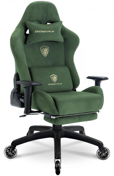 DOWINX 68A - Scaun Gaming Ergonomic, Extra-Lat și Construcție Heavy-Duty, Masaj in perna lombara, Material Textil respirabil, Suport picioare, Roti Silicon, Rezistent 150 kg, Verde