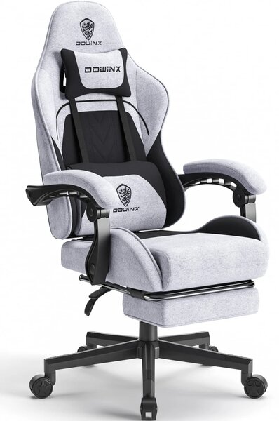 DOWINX 6658B - Scaun Gaming Ergonomic, Masaj in perna lombara, Șezut cu Arcuri Metalice și Spumă, Suport pentru picioare, Rabatabil 90°–135°, Rezistent 130 kg, Material textil, Negru/Gri