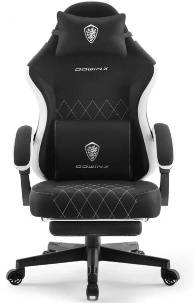 DOWINX 6650F - Scaun Gaming Ergonomic, Masaj in perna lombara, Șezut cu Arcuri Metalice și Spumă, Suport pentru picioare, Rabatabil 90°–135°, Rezistent 136 kg, Material textil, Negru