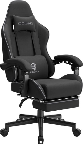 DOWINX 6658 - Scaun Gaming Ergonomic, Masaj in perna lombara, Șezut cu Arcuri Metalice și Spumă, Suport pentru picioare, Rabatabil 90°–135°, Rezistent 130 kg, Material textil, Negru