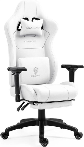 DOWINX 6657B - Scaun Gaming Ergonomic, Masaj in perna lombara, Șezut cu Arcuri Metalice și Spumă, Cotiere 4D, Suport pentru picioare, Rabatabil, Rezistent 136 kg, Material textil, Alb