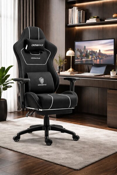 DOWINX 6657B - Scaun Gaming Ergonomic, Masaj in perna lombara, Șezut cu Arcuri Metalice și Spumă, Cotiere 4D, Suport pentru picioare, Rabatabil, Rezistent 136 kg, Material textil, Negru