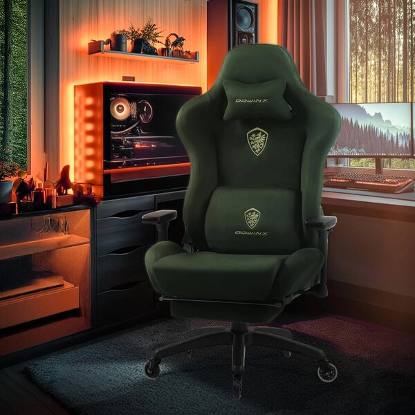 DOWINX 68A - Scaun Gaming Ergonomic, Extra-Lat și Construcție Heavy-Duty, Masaj in perna lombara, Material Textil respirabil, Suport picioare, Roti Silicon, Rezistent 150 kg, Verde
