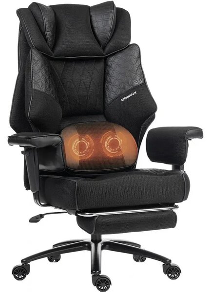 DOWINX 66B3 – Scaun directorial XXL, Extra-Lat și Construcție Heavy-Duty, Masaj Lombara Dublu, cotiere reglabile, suport pentru picioare, Rezistent 180 kg, plasă respirabilă+PU, Negru