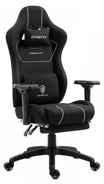 DOWINX 6657B - Scaun Gaming Ergonomic, Masaj in perna lombara, Șezut cu Arcuri Metalice și Spumă, Cotiere 4D, Suport pentru picioare, Rabatabil, Rezistent 136 kg, Material textil, Negru
