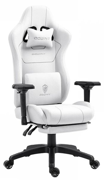DOWINX 6657B - Scaun Gaming Ergonomic, Masaj in perna lombara, Șezut cu Arcuri Metalice și Spumă, Cotiere 4D, Suport pentru picioare, Rabatabil, Rezistent 136 kg, Material textil, Alb
