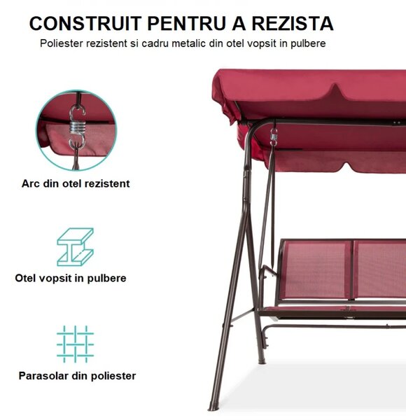 Balansoar de grădină, 3 locuri, cu baldachin și cadru din oțel, Burgundy