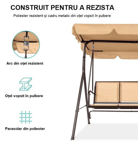 Balansoar de grădină, 3 locuri, cu baldachin și cadru din oțel, Bej