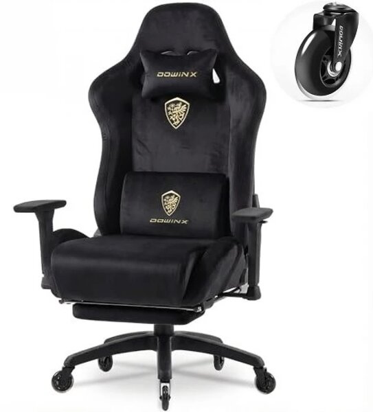 DOWINX 68A - Scaun Gaming Ergonomic, Extra-Lat și Construcție Heavy-Duty, Masaj in perna lombara, Material Textil respirabil, Suport picioare, Roti Silicon, Rezistent 150 kg, Negru