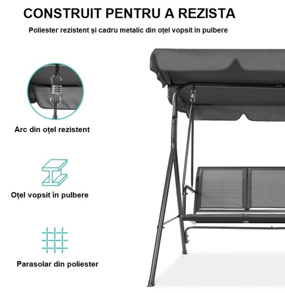 Balansoar de grădină, 3 locuri, cu baldachin și cadru din oțel, Gri