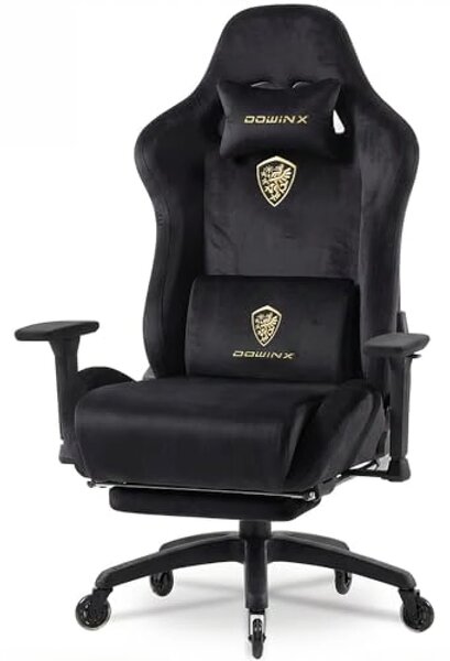 DOWINX 68A - Scaun Gaming Ergonomic, Extra-Lat și Construcție Heavy-Duty, Masaj in perna lombara, Material Textil respirabil, Suport picioare, Roti Silicon, Rezistent 150 kg, Negru