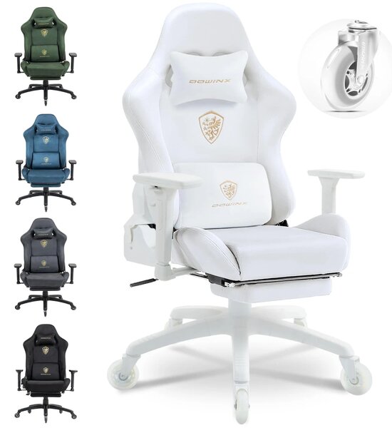 DOWINX 68A - Scaun Gaming Ergonomic, Extra-Lat și Construcție Heavy-Duty, Masaj in perna lombara, Material Textil respirabil, Suport picioare, Roti Silicon, Rezistent 150 kg, Alb