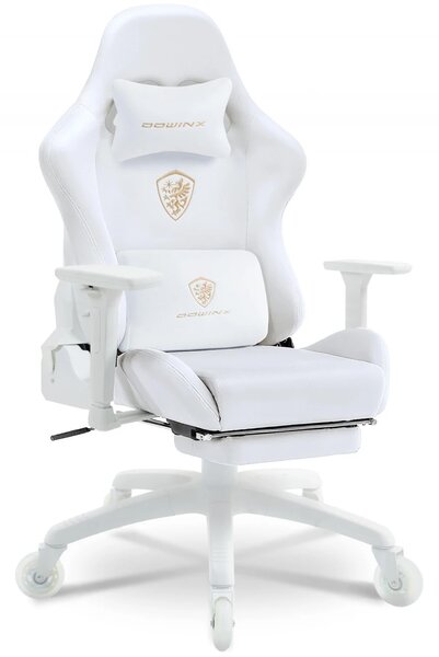 DOWINX 68A - Scaun Gaming Ergonomic, Extra-Lat și Construcție Heavy-Duty, Masaj in perna lombara, Material Textil respirabil, Suport picioare, Roti Silicon, Rezistent 150 kg, Alb
