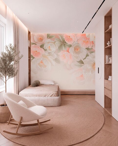 Tapet Flori mari și delicate, în nuanțe de roz și crem, Fototapet Flori, w05540 : Uwalls.ro