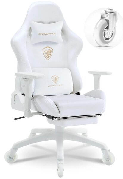 DOWINX 68A - Scaun Gaming Ergonomic, Extra-Lat și Construcție Heavy-Duty, Masaj in perna lombara, Material Textil respirabil, Suport picioare, Roti Silicon, Rezistent 150 kg, Alb