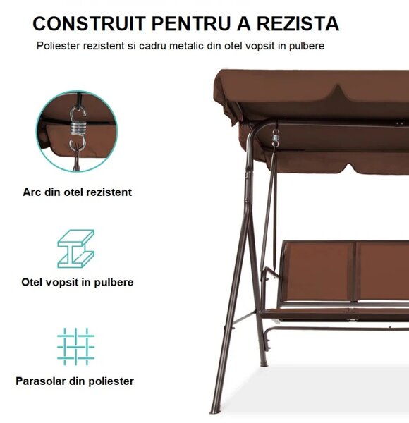Balansoar de grădină, 3 locuri, cu baldachin și cadru din oțel, Maro