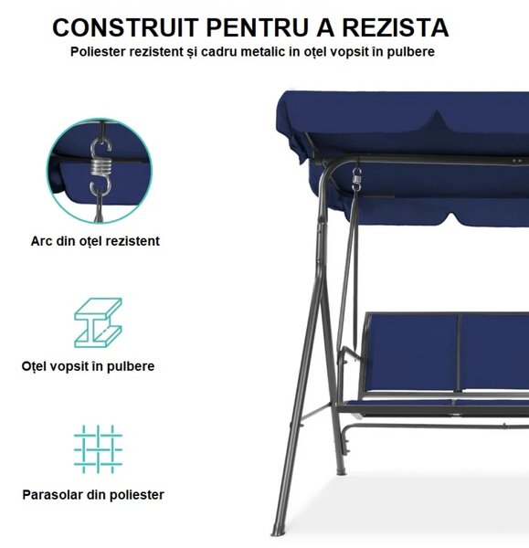 Balansoar de grădină, 3 locuri, cu baldachin și cadru din oțel, Navy Blue