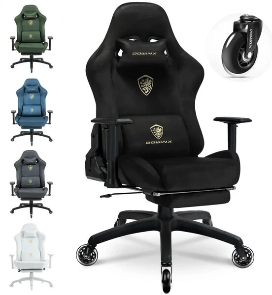 DOWINX 68A - Scaun Gaming Ergonomic, Extra-Lat și Construcție Heavy-Duty, Masaj in perna lombara, Material Textil respirabil, Suport picioare, Roti Silicon, Rezistent 150 kg, Negru