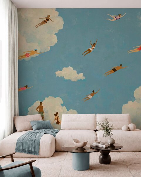 Tapet Oameni plutind printre nori pe un cer albastru, Imagini de fundal unice, w05628 : Uwalls.ro