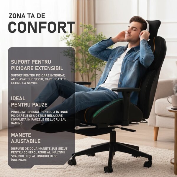 LUMINA X-Motion Pro – Scaun Gaming & Office Premium cu LED RGB și Suport pentru Picioare – Confort Inteligent și Design Spectaculos, Textil, Negru/Galben
