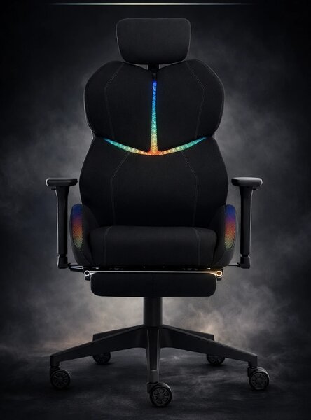 LUMINA X-Motion Pro – Scaun Gaming & Office Premium cu LED RGB și Suport pentru Picioare – Confort Inteligent și Design Spectaculos, Textil, Negru