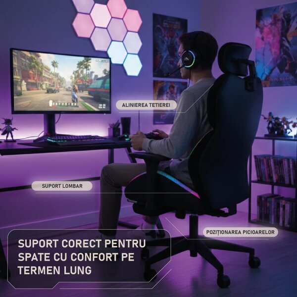 LUMINA X-Motion Pro – Scaun Gaming & Office Premium cu LED RGB și Suport pentru Picioare – Confort Inteligent și Design Spectaculos, Textil, Negru