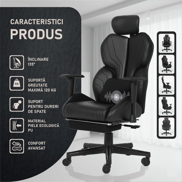 LUMINA X-Motion Confort – Susținere Lombară Avansată, Masaj Integrat și Relaxare Ergonomică Totală, PU, Negru