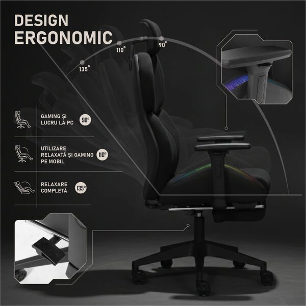 LUMINA X-Motion Pro – Scaun Gaming & Office Premium cu LED RGB și Suport pentru Picioare – Confort Inteligent și Design Spectaculos, Textil, Negru/Galben