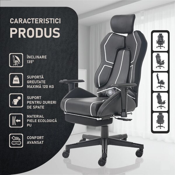 LUMINA X-Motion Core – Gaming & Office –Ergonomie, Confort Total, PU, Negru/Alb