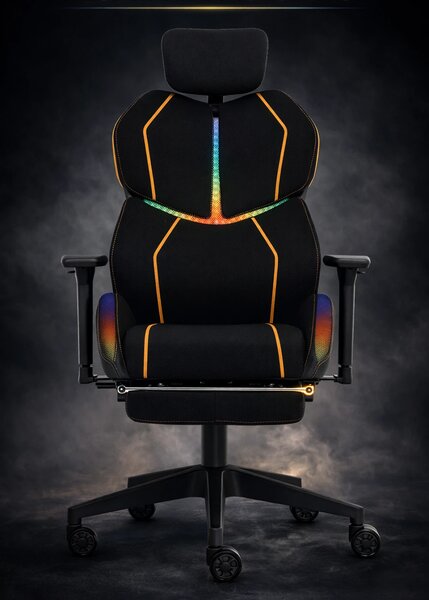 LUMINA X-Motion Pro – Scaun Gaming & Office Premium cu LED RGB și Suport pentru Picioare – Confort Inteligent și Design Spectaculos, Textil, Negru/Galben